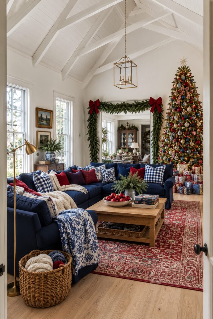Blue gingham Christmas family room with navy sectional collected ornaments red rug and evergreen doorway garland