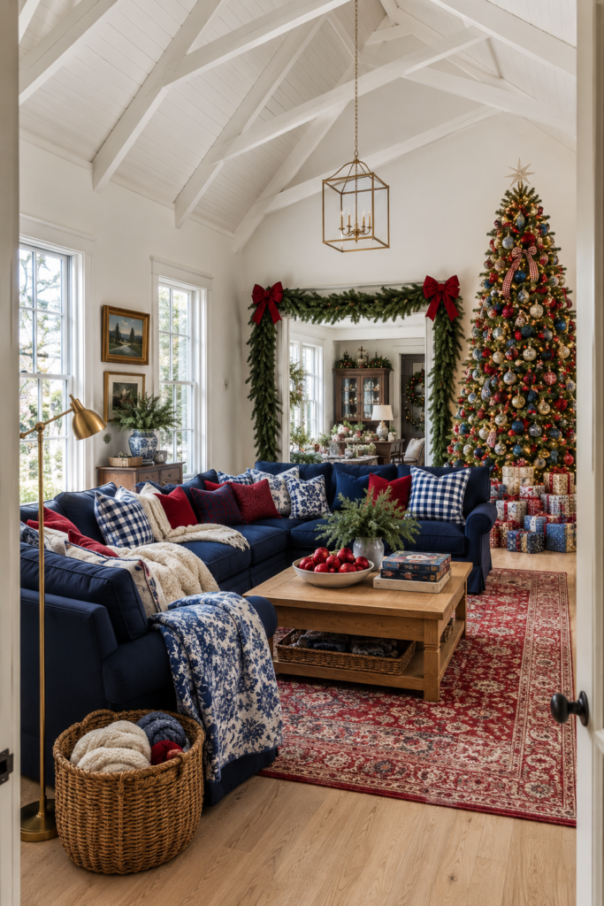 Blue gingham Christmas family room with navy sectional collected ornaments red rug and evergreen doorway garland