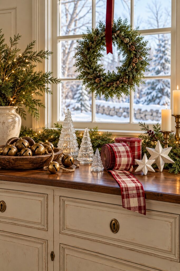 Brass sleigh bells in a wooden bowl with clear glass trees plaid ribbon cream stars and evergreen on a Christmas sideboard