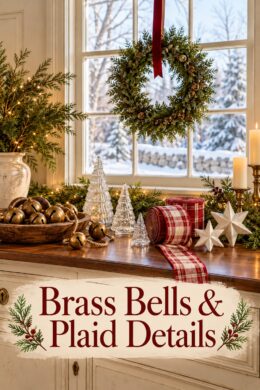 Brass Bells Plaid Details headline over brass sleigh bells in a wooden bowl with clear glass trees plaid ribbon cream stars and evergreen on a Christmas sideboard