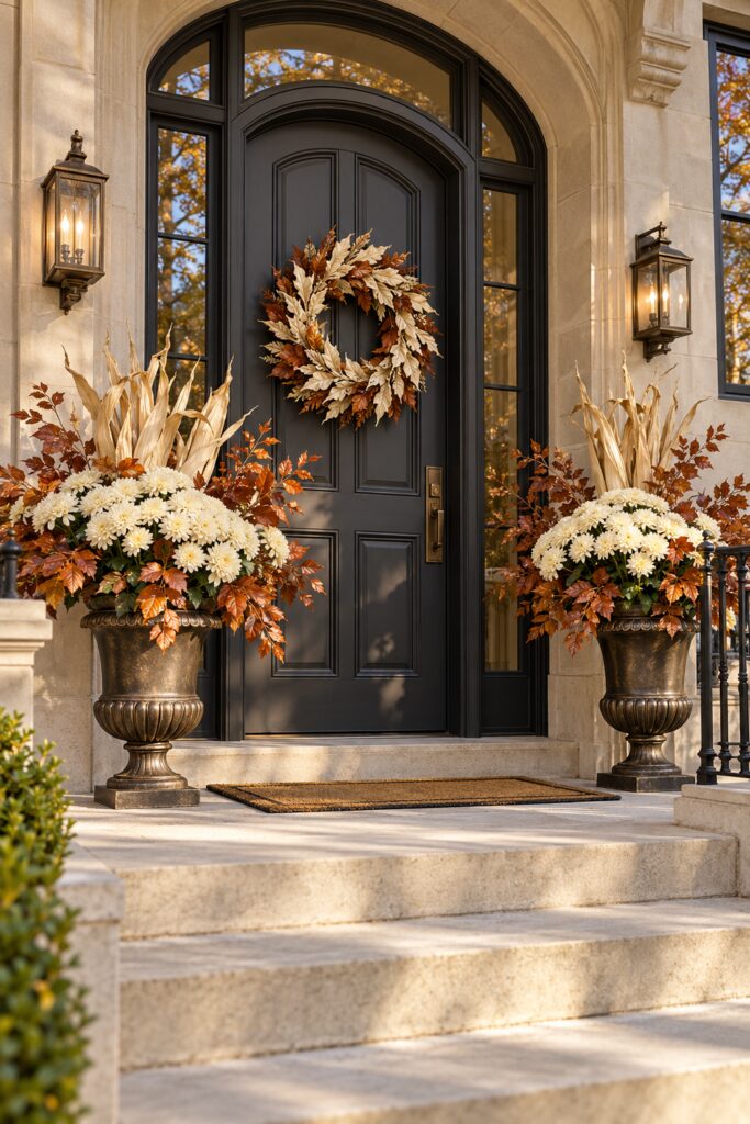 Arched charcoal door with an ivory and bronze leaf wreath between bronze urns of ivory mums copper foliage and pale husks