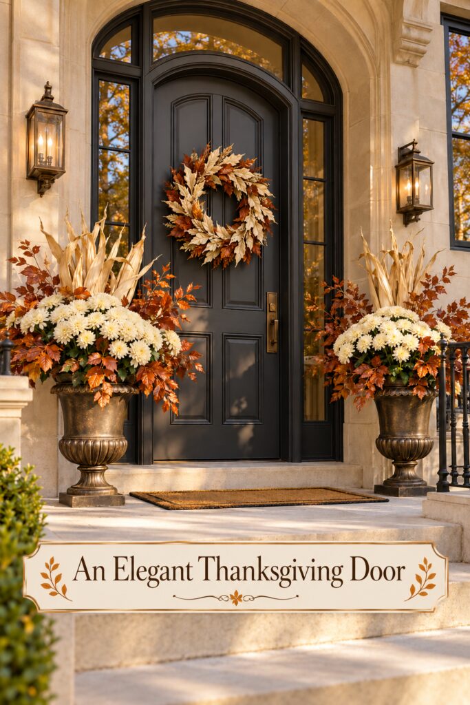 Thanksgiving doorway with matching bronze urns ivory mums and the words An Elegant Thanksgiving Door