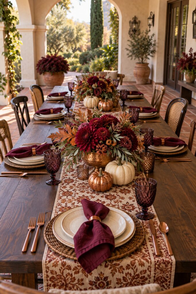 Burgundy and copper Thanksgiving patio table with three floral centerpieces cream pumpkins and plum goblets