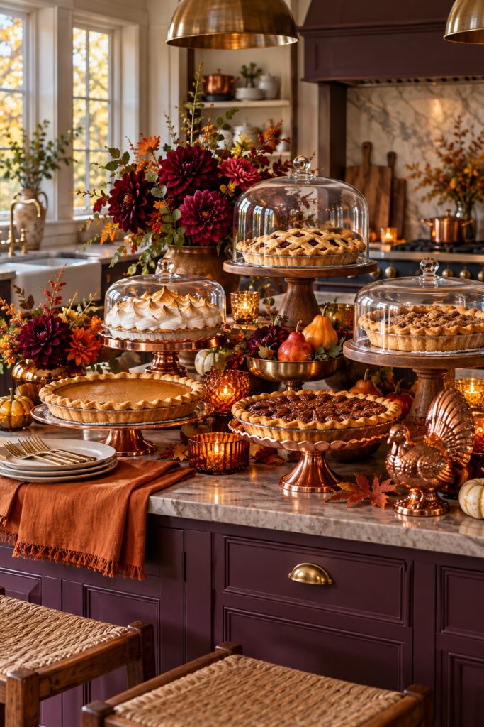 A kitchen island can become a dessert destination without looking like a crowded buffet