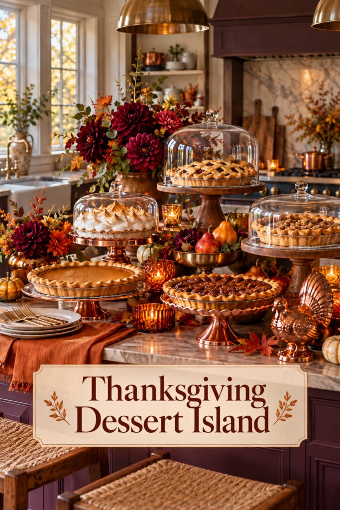 Text overlay reading A Thanksgiving Pie Island with Burgundy Flowers and Copper Stands over varied pie heights and deep burgundy flowers