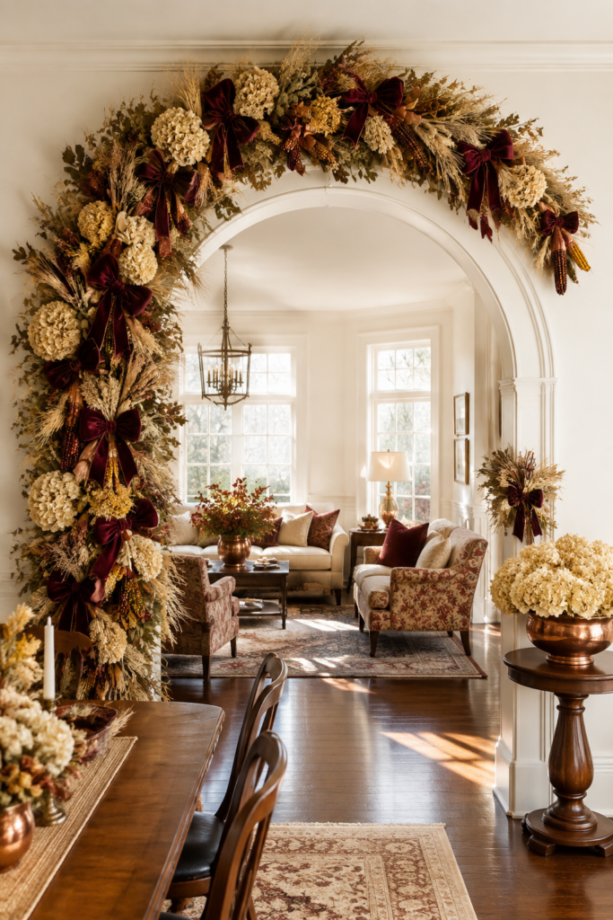 Thanksgiving archway decorated with wheat cream hydrangeas ornamental corn and burgundy velvet bows
