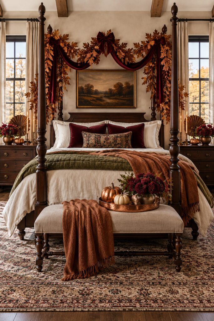 Burgundy ribbon and autumn leaf canopy surrounding a traditional four poster bed for Thanksgiving