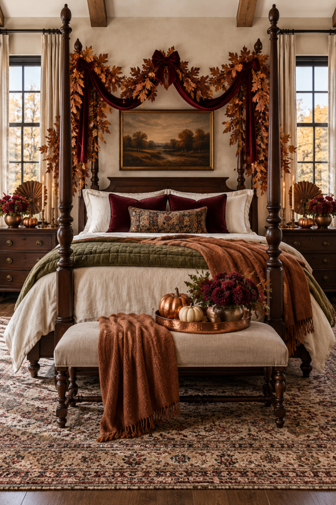 Burgundy ribbon and autumn leaf canopy surrounding a traditional four poster bed for Thanksgiving
