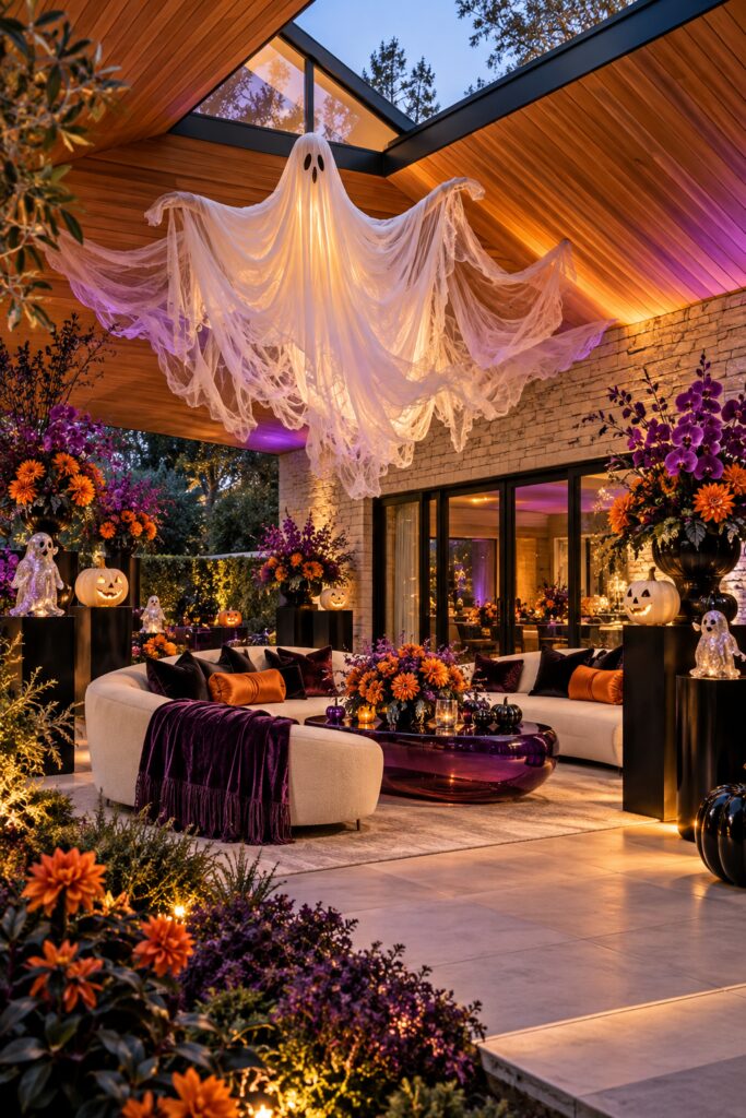 Halloween patio with a large glowing hanging ghost cream sofas purple table and orange flowers