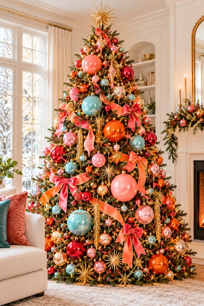 A full green Christmas tree carries coral pink orange aqua and red ornaments in generous sizes