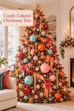 Text overlay reading A Candy Colored Christmas Tree with Oversized Baubles over oversized ornaments distributed across a dense green tree