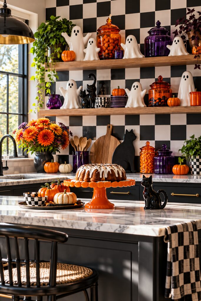The black and white checkerboard backsplash gives this kitchen a lively stage for small Halloween accents