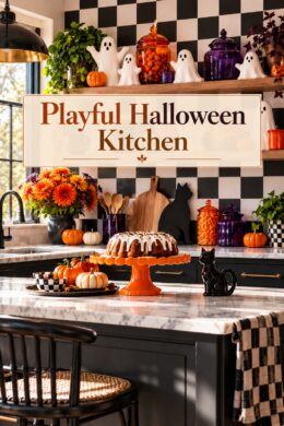 Text overlay reading Checkerboard Ghost Shelves for a Playful Halloween Kitchen over checkerboard pattern and repeated white ghosts