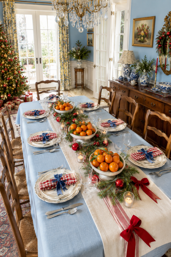 Clementine Christmas table with footed fruit bowls evergreen red ornaments striped runner and blue ribbon napkins