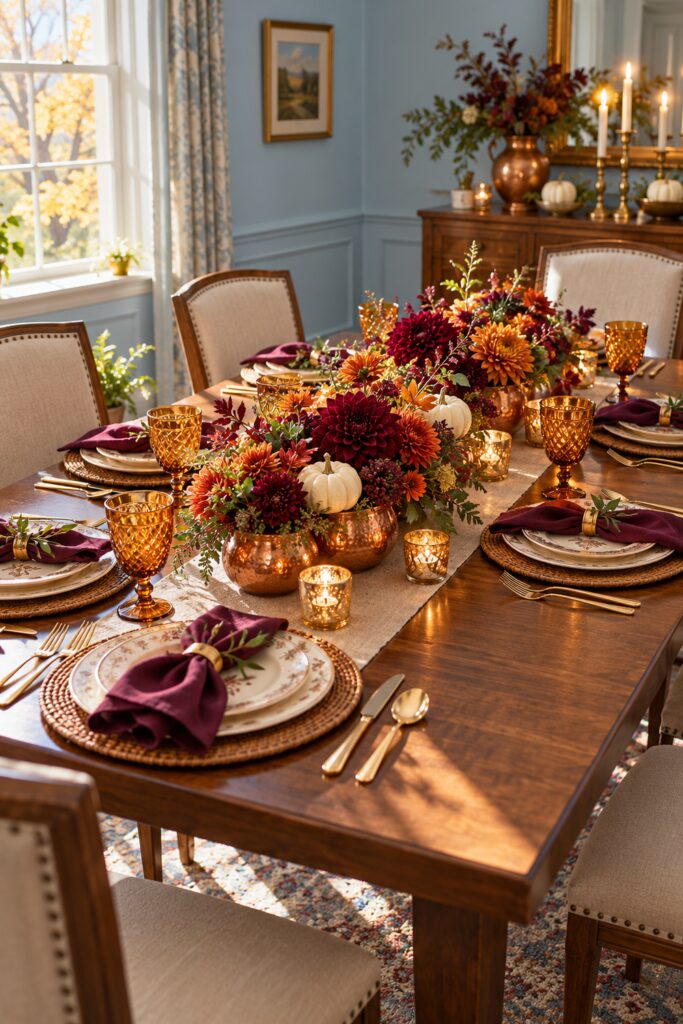 A line of low copper vessels filled with burgundy and orange flowers runs down this Thanksgiving table