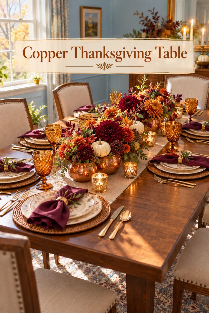 Text overlay reading Copper and Burgundy Thanksgiving Table Setting for Six over low repeated floral arrangements and complete place settings