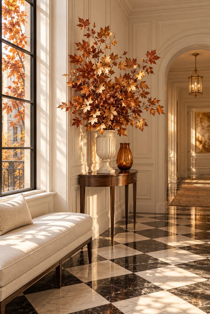 Tall copper maple branches in a fluted ivory urn beside an amber vase on a narrow dark console in a sunlit hallway