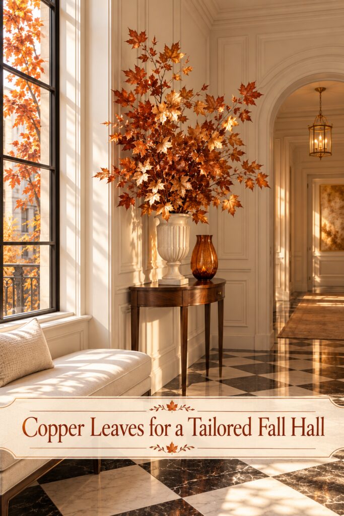Fall hallway with copper foliage and an ivory urn above the words Copper Leaves for a Tailored Fall Hall