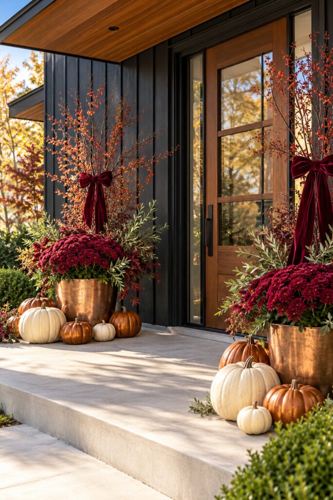 Modern black sided Thanksgiving porch with copper flower planters burgundy bows olive foliage and cream pumpkins