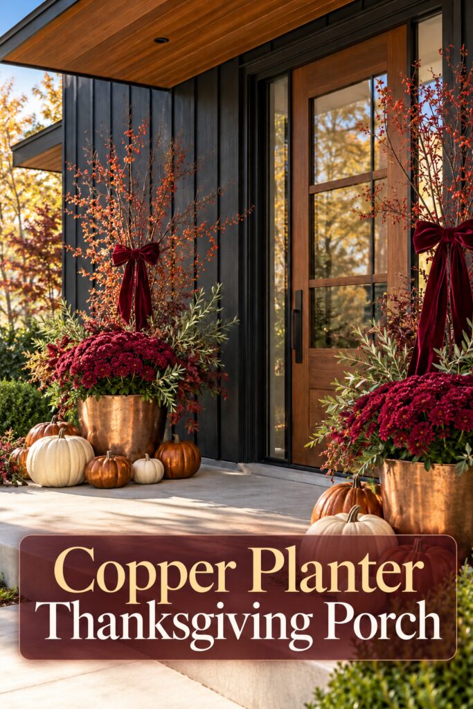 Copper planter Thanksgiving porch with a readable decorating headline below the entry display