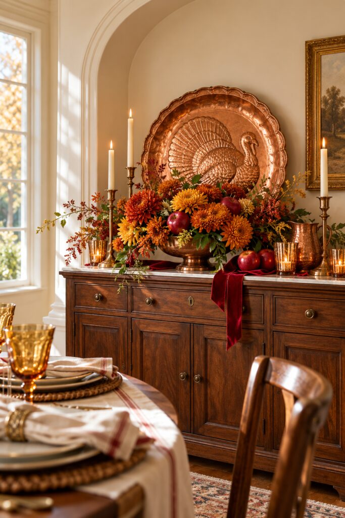 Embossed copper turkey platter behind rust and golden flowers red apples burgundy velvet ribbon amber glass and brass candles on a walnut sideboard