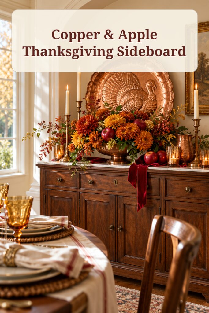 Thanksgiving sideboard with a copper turkey platter red apples autumn flowers and the words Copper and Apple Thanksgiving Sideboard
