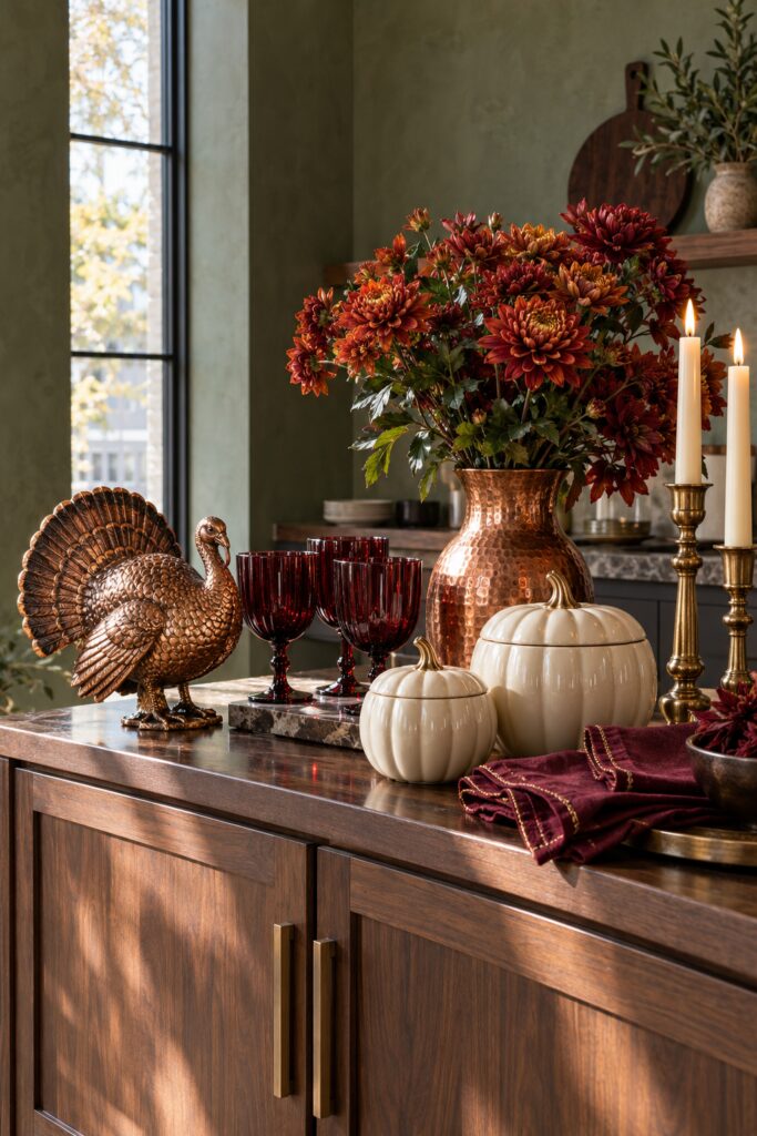 Walnut console displaying copper turkey burgundy goblets ivory pumpkin jars rust flowers and taper candles