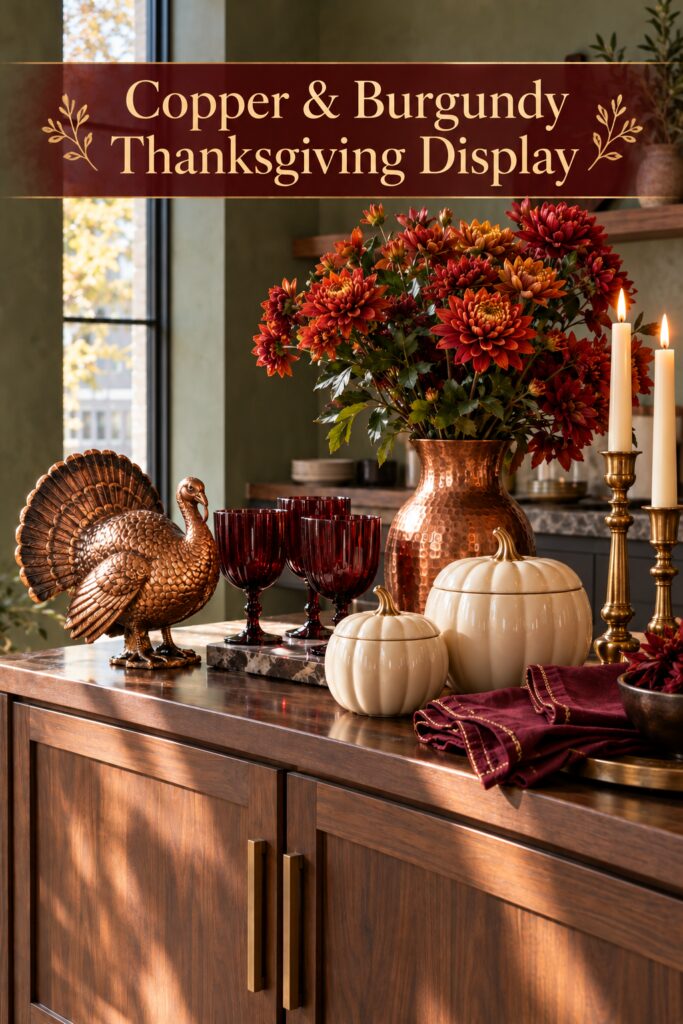Copper turkey and burgundy glass Thanksgiving display beneath title overlay