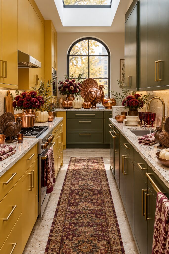 Copper turkey centerpiece at an arched window in a mustard and olive Thanksgiving galley kitchen