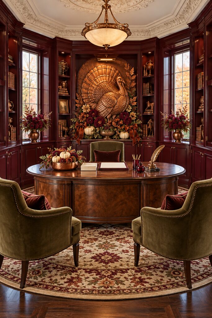 Thanksgiving home office with copper turkey wall centerpiece burgundy cabinets and cream pumpkins