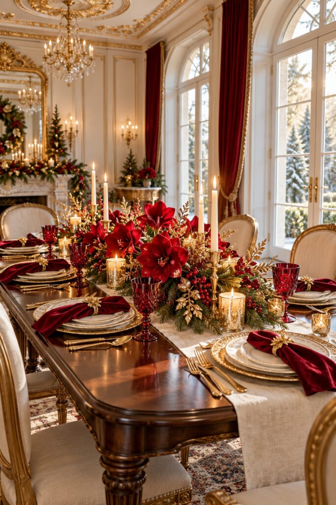 Christmas dinner table with crimson amaryllis evergreen gold branches ruby goblets red napkins ivory plates and candles