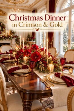 Crimson amaryllis centerpiece ruby goblets and gold trimmed plates beneath the words Christmas Dinner in Crimson and Gold