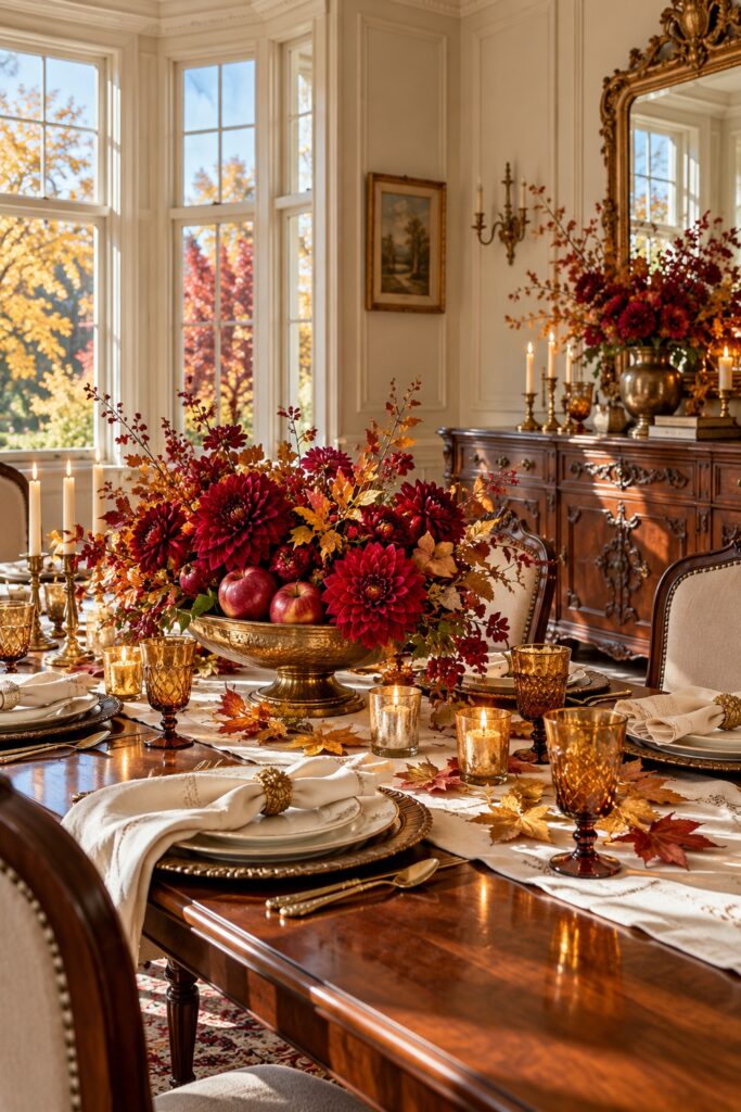 Crimson dahlias red apples and gold leaves in a footed bowl on a Thanksgiving table with amber goblets and ivory place settings