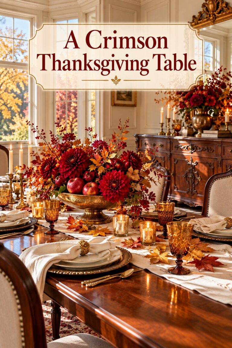 Thanksgiving centerpiece of red dahlias apples and gilded leaves with amber glasses under the words A Crimson Thanksgiving Table