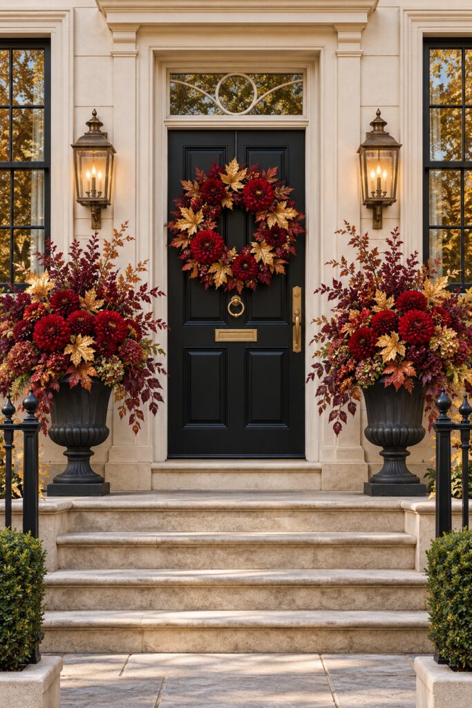 Black Georgian front door with a crimson dahlia and gold leaf wreath between dark urn planters filled with matching flowers and foliage
