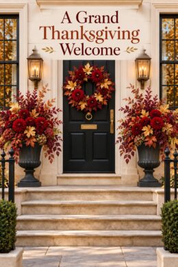 Crimson floral wreath and gold foliage urns framing a black door below the words A Grand Thanksgiving Welcome