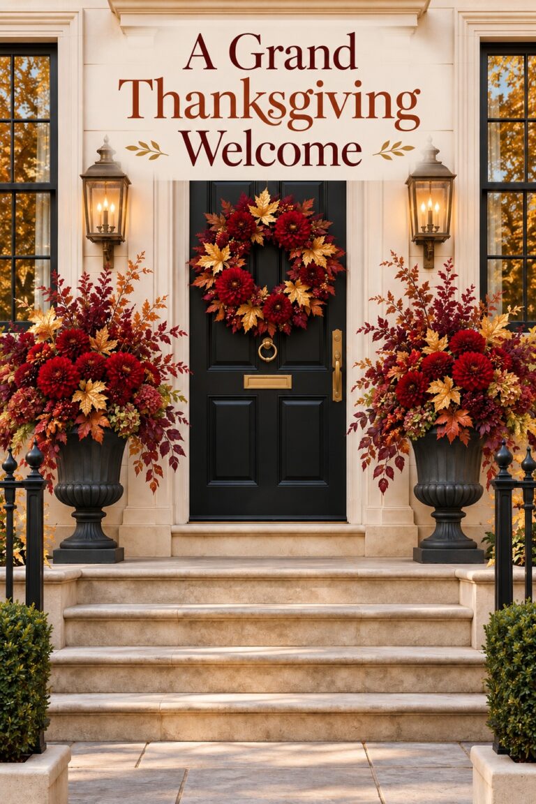 Crimson floral wreath and gold foliage urns framing a black door below the words A Grand Thanksgiving Welcome