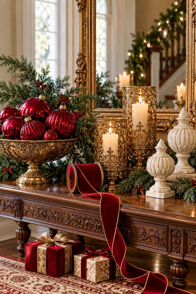 Ruby Christmas ornaments in a gold bowl beside filigree candleholders ivory finials evergreen and crimson ribbon on a carved console