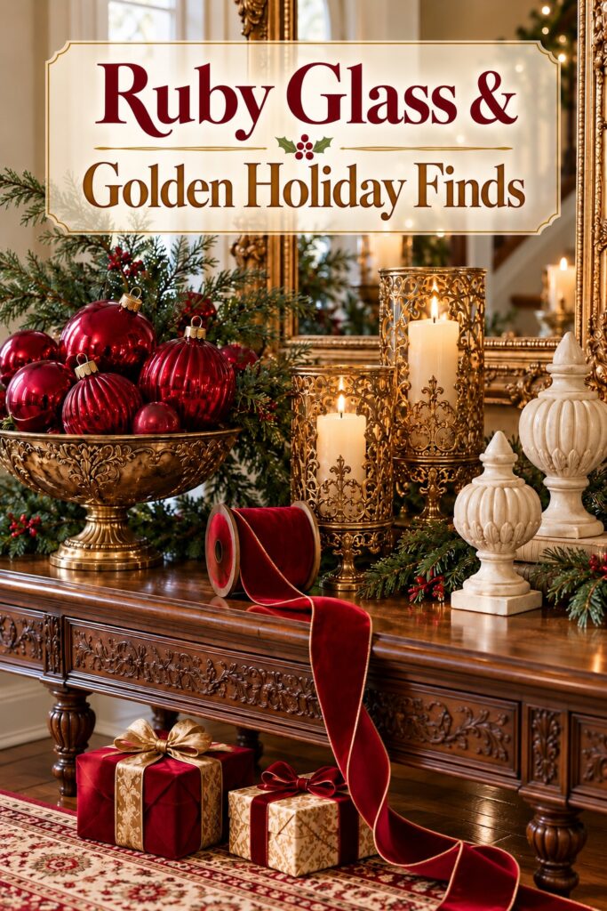 Ruby ornament bowl gold candleholders and ivory finials on a Christmas console with the words Ruby Glass and Golden Holiday Finds