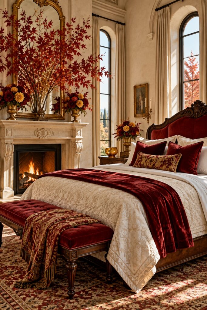 Fall bedroom with crimson velvet throw and pillows ivory bedding tall maple branches gold flower urns and a pale fireplace