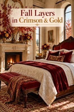 Ivory bed with crimson velvet layers beside autumn maple branches under the words Fall Layers in Crimson and Gold
