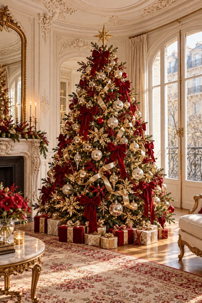 Full green Christmas tree with crimson velvet bows gold ribbon clear ornaments warm lights and wrapped gifts in an ivory salon