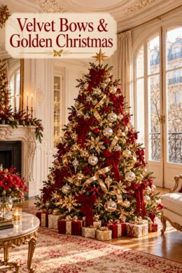 Christmas tree layered with red velvet bows golden ornaments and gifts beneath the words Velvet Bows and Golden Christmas