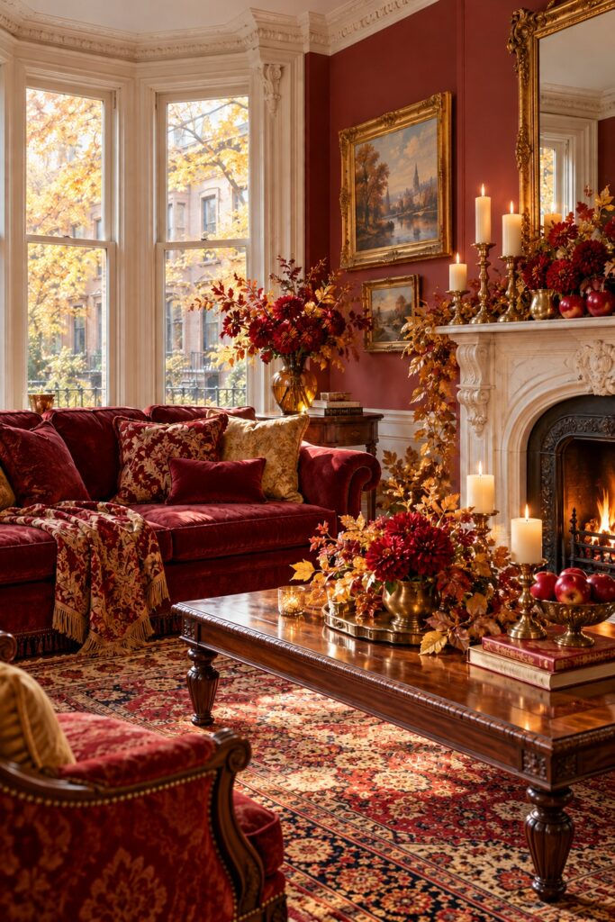 Victorian Thanksgiving sitting room with crimson sofa patterned pillows red flowers gold leaves apples candles and a pale fireplace