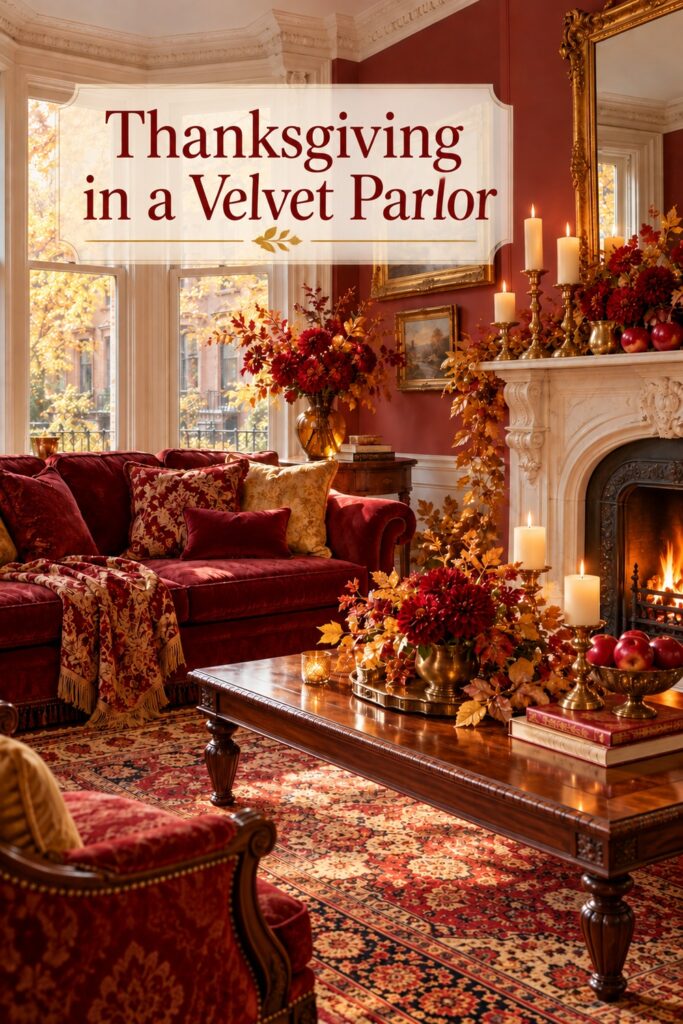 Crimson sofa and red flower arrangements beside a pale fireplace with the words Thanksgiving in a Velvet Parlor