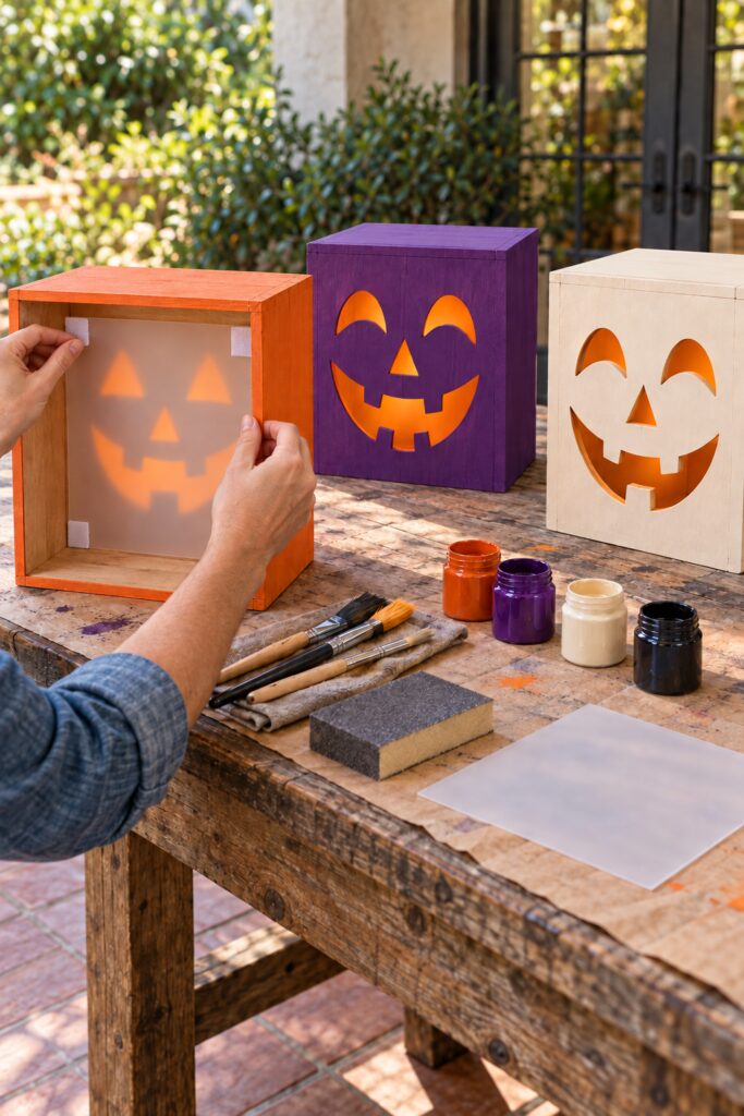 diffuser screen being placed inside completed jack o lantern box with two finished boxes in the background