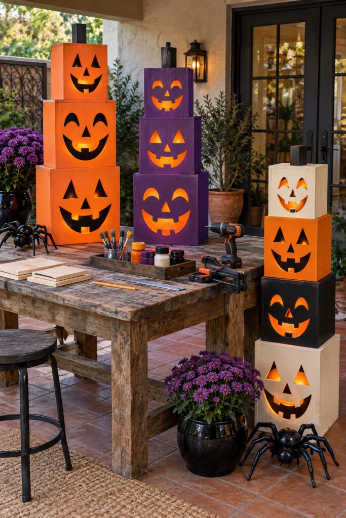 DIY Glowing Jack O Lantern wood boxes in orange purple cream and black