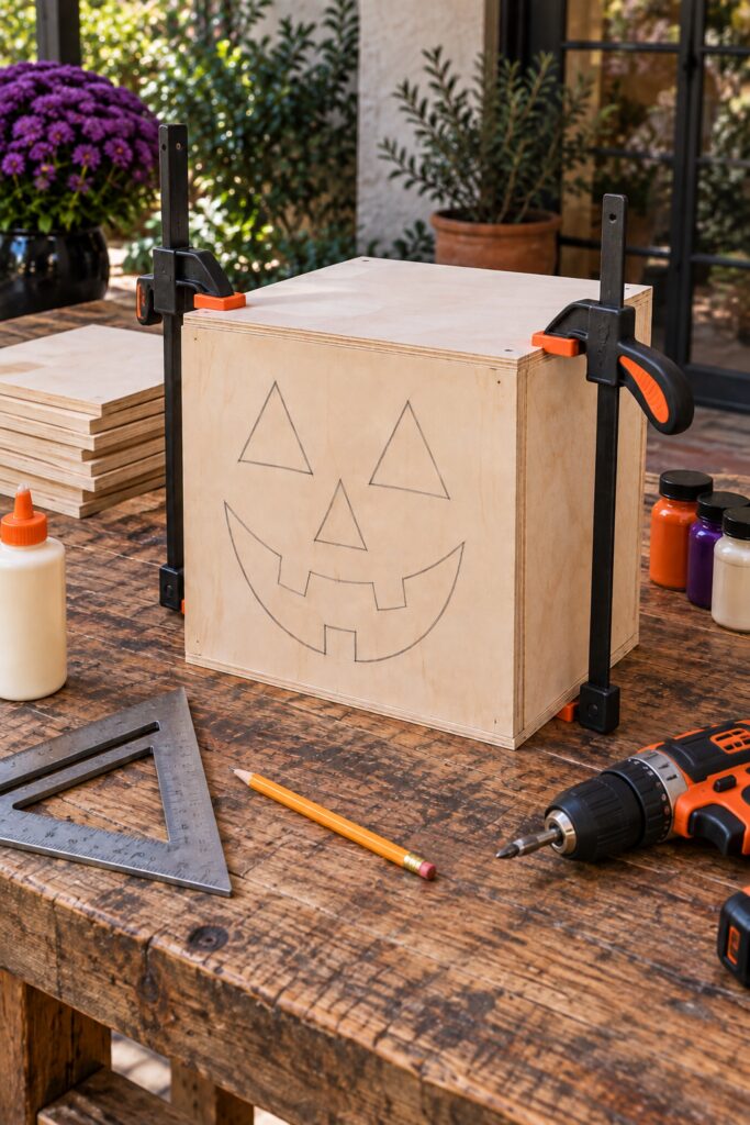 dry fit plywood box with clamps and jack o lantern drawing on the front piece