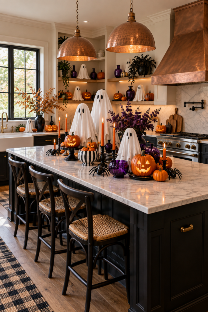 Friendly ghost banquet with pumpkins orange candles purple glass and black spiders in a Halloween kitchen