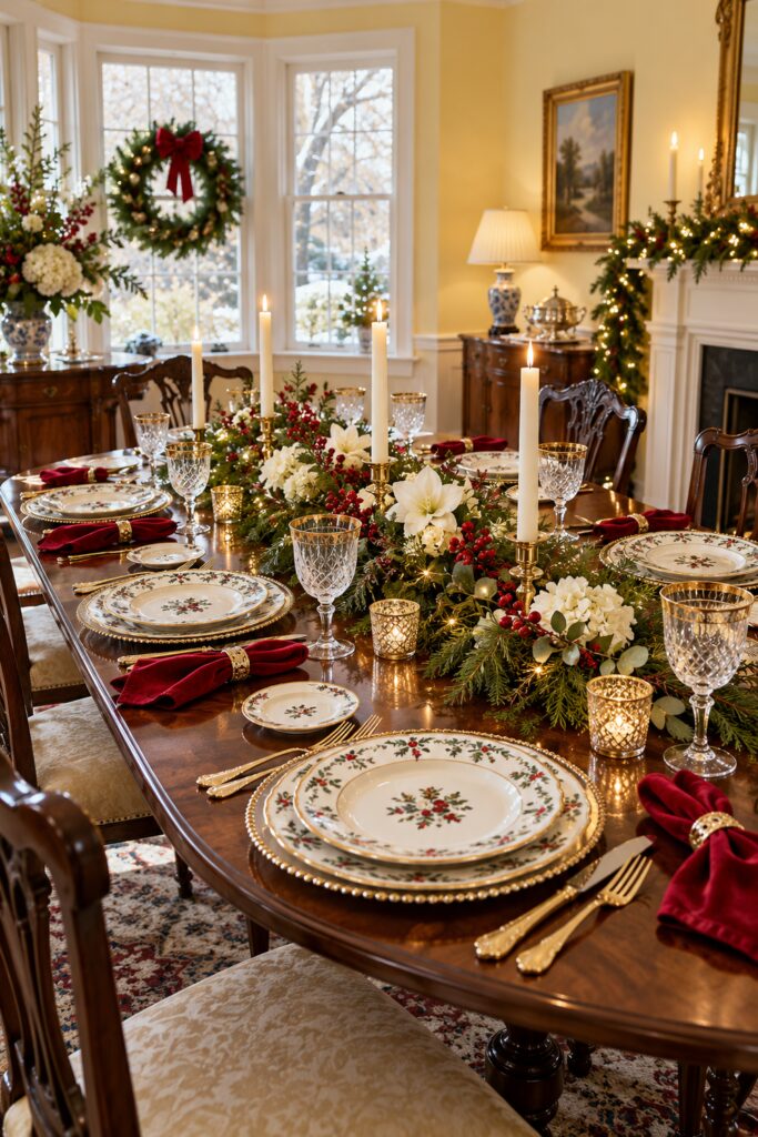 Christmas dining table with low evergreen centerpiece white flowers red berries tall candles patterned porcelain crystal goblets and red velvet napkins